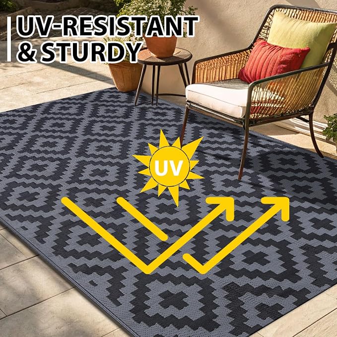 Smiry Waterproof Outdoor Rug 6x9 ft, Reversible Plastic Straw Patio Camping Rugs, Outdoor Indoor RV Mat Carpet for Patio, Outside Entry, Backyard, Deck, Bench, Picnic, Camper, Black & Grey - Image 5