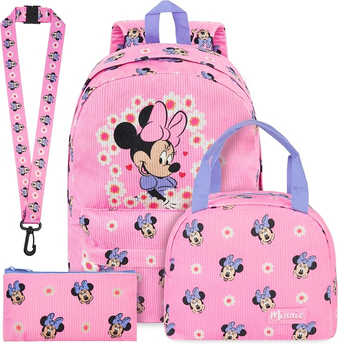 Get Trend Disney Minnie Mouse Girls Corduroy Backpack 4 Piece Set | 17 inch Bookbag with Laptop Pocket, Insulated Lunch Bag, Pencil Case & Lanyard, Back to School Gifts for Girls by GetTrend