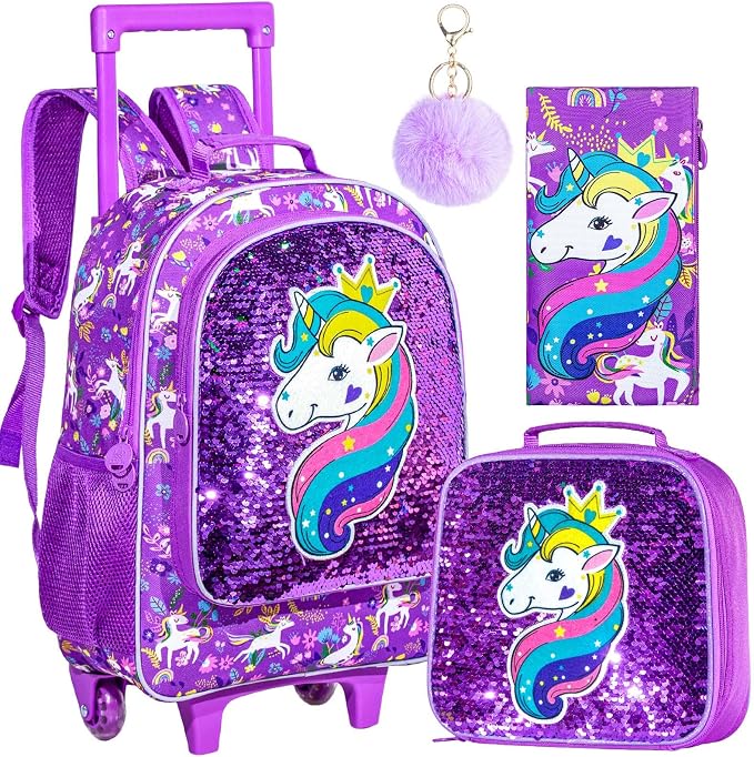 AGSDON 3PCS Rolling Backpack for Girls Boys, Kids Roller Wheels Bookbag, Wheeled School Bag with Lunch Bag by AGSDON