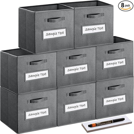 Fabric storage cubes (Set of 8) 11 Inch Cube Storage Bin, cube storage with 8 Labels Window Cards & a Pen, Foldable cube organizer bins, 11x11 storage bin, Cubby Organizer bins, Gray by Artsdi