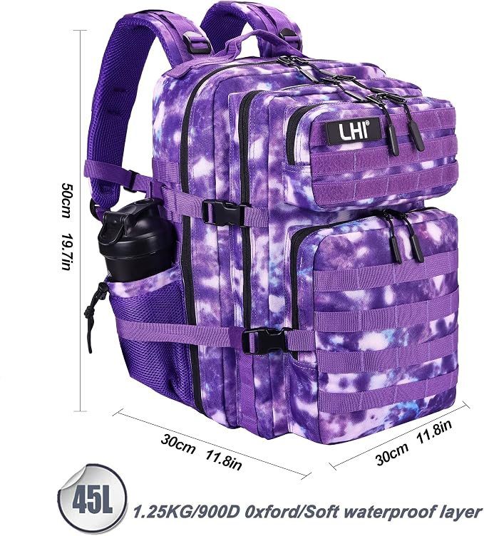 LHI Military Tactical Backpack for Men and Women 45L Army 3 Days Assault Pack Bag Large Rucksack with Molle System - Purple Camo - Image 3