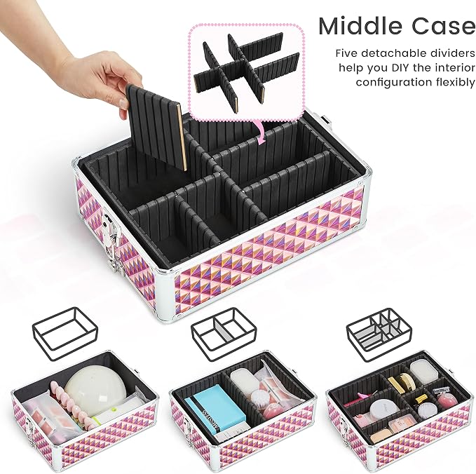 Yaheetech 4 in 1 Rolling Makeup Train Case, Glitter Pink Cosmetology Cart | Extra large diamond-finish aluminum train case with a lock, detachable tiers, and accordion trays keeping makeup organized - Image 8