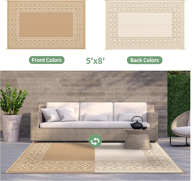 GENIMO Outdoor Rug, Waterproof Plastic Rugs for Patio, 5'x8' Brown Beige | Outside Larger Modern Carpet Mat for Porch Decor, Deck, Balcony, Camping, RV, Backyard, Picnic, Beach, Reversible - Image 4