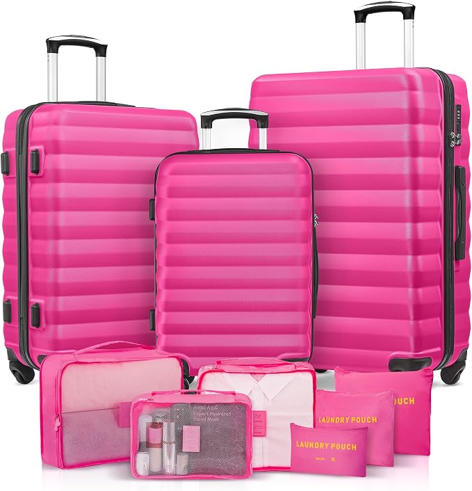 ABS Hardshell Suitcase 3 Piece Luggage Sets with Spinner Wheels with 6PC Packing Bags(20/24/28inch) by Suitour
