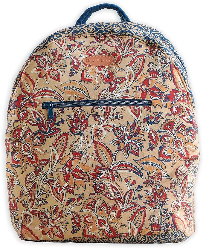 Maison d' Hermine Backpack for Women Men Cotton Shoulder Multipurpose Rucksack with Small Pouch Lightweight Multi Pocket Bag for Travel Work Beach Perfect for Spring Summer (Kerala - Blue) by MaisondHermine