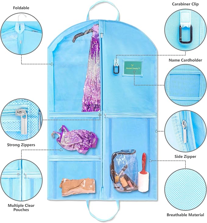 Waterproof Hanging Garment Bag 40 inch Clothes Bag with Gusset, 5 Pockets & Side Zip for Dance Costumes, Sports, Skating, Theatre, Beauty Pageants, Cheer & More by Kendall Country, Sky Blue - Image 3