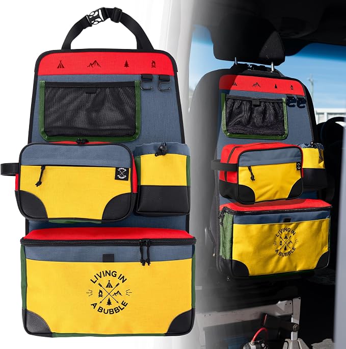 Living in a Bubble Seat back Organizer – Magnetic Toiletry and Cooler Pouch, Cordura Car Backseat Storage with Device Holder & Hooks, Multi-Compartment Utility Bag for Campervans & Family Travel by LivinginaBubble