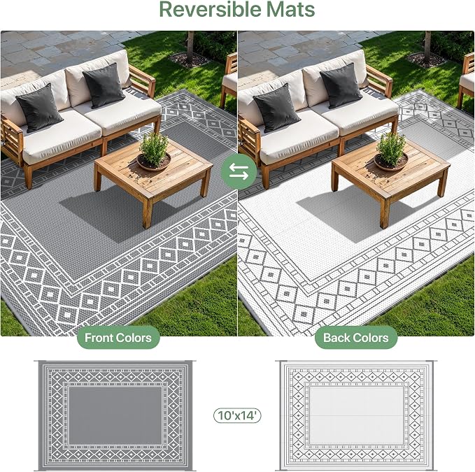 GENIMO Outdoor Rug, Waterproof Plastic Rugs 10'x14' for Camping Grey White | Outside Larger Modern Carpet Mat for Porch Decor, Deck, Balcony, Camping, RV, Backyard, Picnic, Beach, Reversible - Image 5