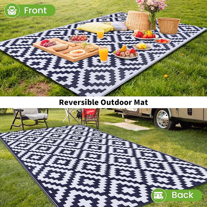 Smiry Waterproof Outdoor Rug 10X14 ft, Reversible Plastic Straw Patio Camping Rugs, Outdoor Indoor RV Mat Carpet for Patio, Outside Entry, Backyard, Deck, Bench, Picnic, Camper, White & Navy - Image 6