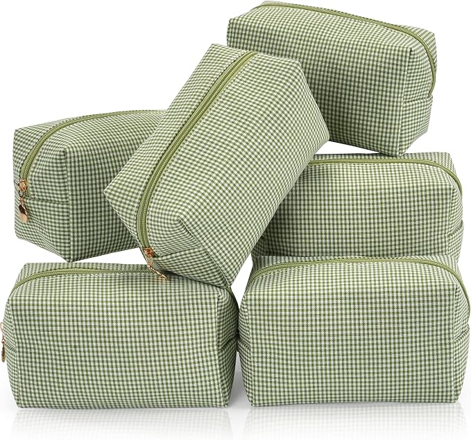 Makeup Bag Set for Women, 6PCS Travel Cosmetic Bags Pencil Case, Checkered Seersucker Toiletry Organizer Pouches, Cute Makeup Pouch for Purse, Accessories and Gifts, Green Gingham by Unknown