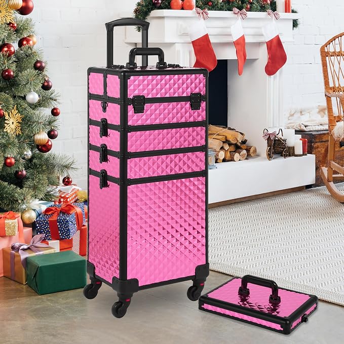 Somduy Rolling Makeup Case, Makeup Train Case with Lid, 5 in 1 Cosmetology Case on Wheels, Christmas Gift, Large Makeup Organizers, Profesional Cosmetic Case for Salon Barber, Rose Red - Image 7