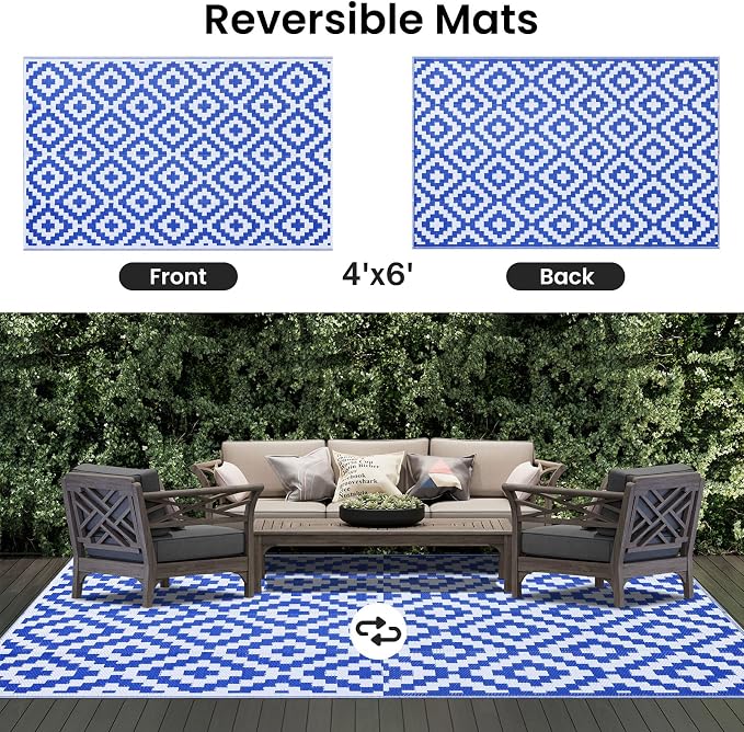 Smiry Waterproof Outdoor Rug 4x6 ft, Reversible Plastic Straw Patio Camping Rugs, Outdoor Indoor RV Mat Carpet for Patio, Outside Entry, Backyard, Deck, Bench, Picnic, Camper, White & Blue - Image 3