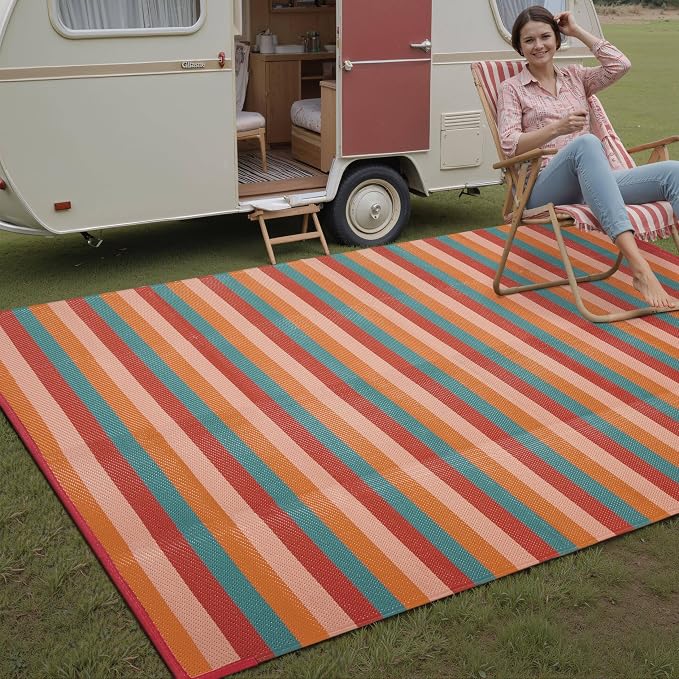 PureCozy Outdoor Waterproof Patio Rug 6x9 Plastic Straw Reversible Outside Orange Red Colorful Striped Carpet Lightweight Large Rug for Camping RV Porch Deck Balcony Beach - Image 3