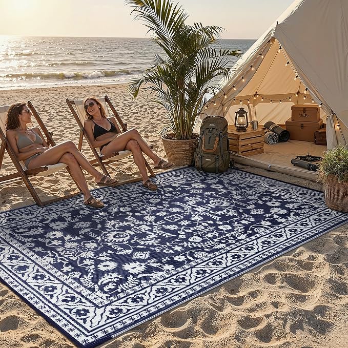 PureCozy Outdoor Waterproof 5x8 Plastic Straw Patio Rug Navy Blue Reversible for Outside Vintage Oriental Carpet Lightweight Large Rug for RV Deck Beach Balcony Picnic Backyard Entry Porch - Image 3