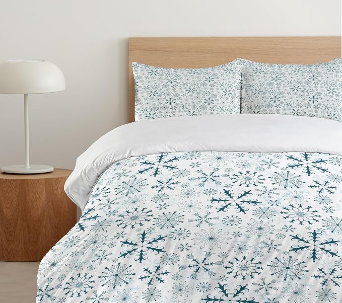 Ambesonne Winter Duvet Cover Set, Merry Xmas Theme Delicate Snowflakes Cold Freezing Weather Vintage Holiday Pattern, Decorative 3 Piece Bedding Set with 2 Pillow Shams, Queen Size, Teal White - Image 5