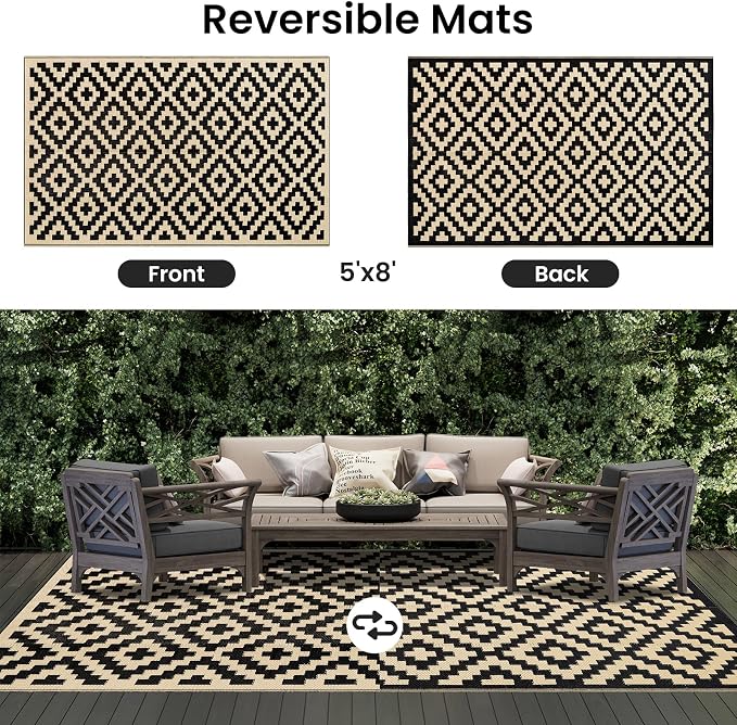 Smiry Waterproof Outdoor Rug 5x8 ft, Reversible Plastic Straw Patio Camping Rugs, Outdoor Indoor RV Mat Carpet for Patio, Outside Entry, Backyard, Deck, Bench, Picnic, Camper, Black & Beige - Image 3