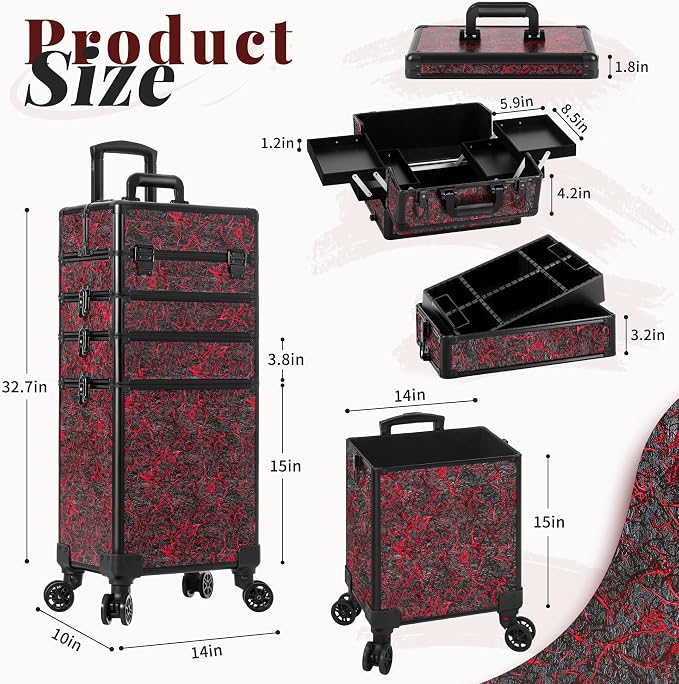 Rolling Makeup Train Case with Lid Cosmetology Case on Wheels | 5 in 1 Large Cosmetic Trolley Organizer Travel for Hairstylist Artist Nail Beauty Salon Barber Cart Trunk, Red - Image 4