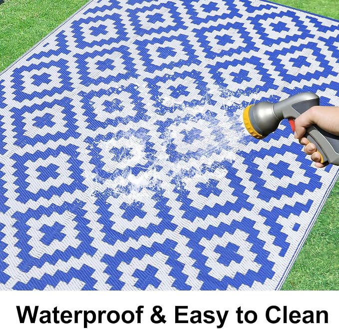 Smiry Waterproof Outdoor Rug 6x9 ft, Reversible Plastic Straw Patio Camping Rugs, Outdoor Indoor RV Mat Carpet for Patio, Outside Entry, Backyard, Deck, Bench, Picnic, Camper, White & Blue - Image 2