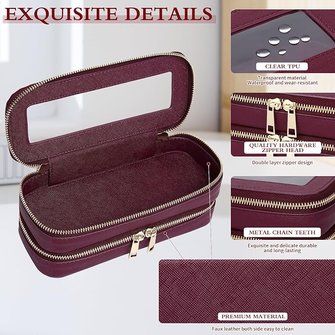 Double Layer Makeup Bag Makeup Brush Case Waterproof Travel Cosmetic & Toiletry Bag Purse Organizer and Car Essentials for Women (Burgundy, 2-Layer SLIM) - Image 6