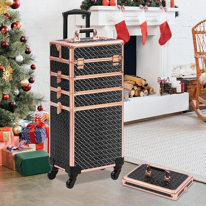 Somduy Rolling Makeup Case, Makeup Train Case with Lid, 5 in 1 Cosmetology Case on Wheels, Christmas Gift, Large Makeup Organizers, Profesional Cosmetic Case for Salon Barber, Black gold - Image 7
