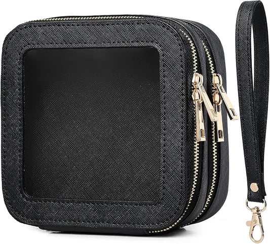 Pinkmik Double Layer Makeup Bag Small Clear Makeup Pouch Mini Travel Cosmetic & Toiletry Bag Purse Organizer and Car Essentials for Women (Black, 2-Layer MINI) by Pinkmik