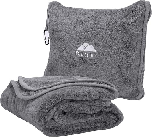 BlueHills Premium Soft Long Travel Blanket Pillow Airplane Large Size Gray | 70 X 48 Large Travel Blanket, Soft Bag Pillowcase, Hand Luggage Belt & Backpack Clip, Long Flight Essentials, Travel Gifts by BlueHills