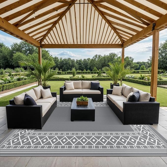 GENIMO Outdoor Rug, Waterproof Plastic Rugs 10'x14' for Camping Grey White | Outside Larger Modern Carpet Mat for Porch Decor, Deck, Balcony, Camping, RV, Backyard, Picnic, Beach, Reversible - Image 3