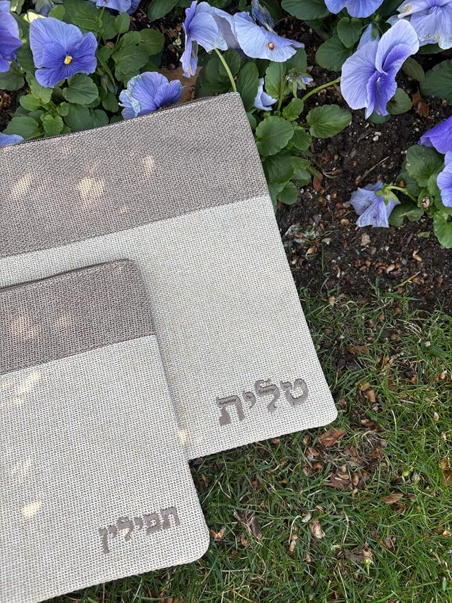 Tallit and Tefillin Bag Set for Jewish Prayer Shawl Zippered Leatherette Bags with Plastic Weatherproof Protection Cover (Non-Custom, Beige/Grey) - Image 3