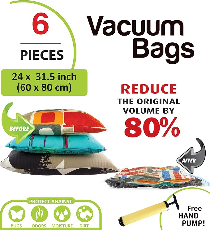 Large Vacuum Storage Bags 6 Pack with Hand Pump, 24x31.5 Inch Space Saver Bags for Clothes Comforters Blankets Pillows Bedding, Airtight Compression Bags for Travel Luggage and Under Bed Storage - Image 10
