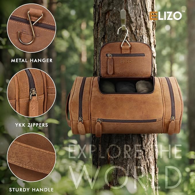ELIZO Real Leather Toiletry Bag for Men - Extra Large Hanging Travel Organizer for Toiletries, Ideal for Dopp Kit & Shaving Kit for Men, Essential Mens Travel Toiletry Bag for Toiletries (Saddle) - Image 3