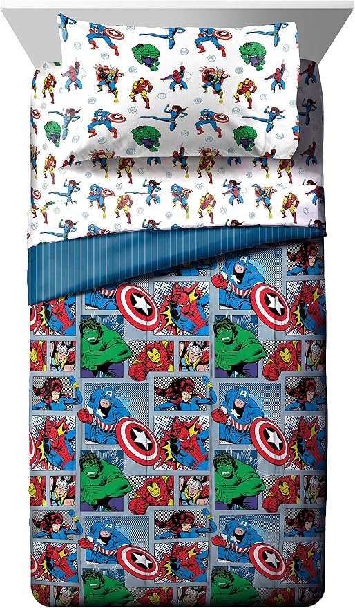 Marvel Comics Iron Man Twin Comforter Set 4 Piece Kids Bedding, Multi | Hulk Captain America, Bed in a Bag, Comforter Sheets Pillowcase, Soft Microfiber, Machine Washable, Boys Gift - Image 2