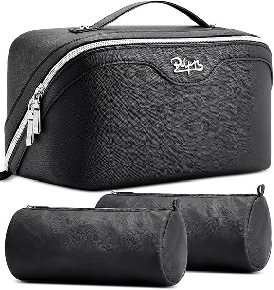 BOYATU Travel Makeup Bag Organizer Cosmetic Bag: 3 Pcs Set Make up Bags for Women with Handle - Waterproof Vegan Leather Toiletry Bags Travel Essentials Pouch with Compartments (C-01-Black) by BOYATU