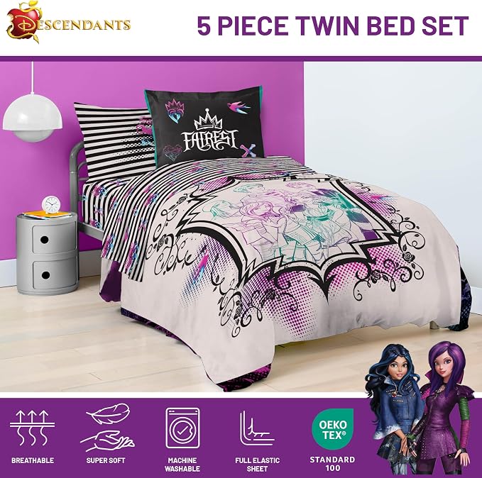 Jay Franco Kids Comforter Set Includes Sheets and Pillow Cover - Soft and Cozy Bed Set for Stylish Room Décor, Multi - Descendants, 5 Piece Twin - Image 4