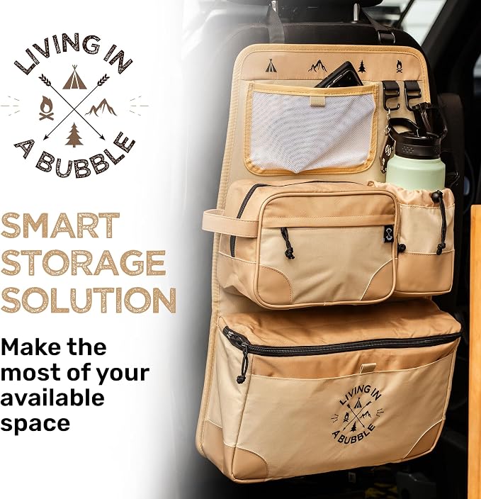 Living in a Bubble Seat back Organizer – Magnetic Toiletry and Cooler Pouch, Cordura Car Backseat Storage with Device Holder & Hooks, Multi-Compartment Utility Bag for Campervans & Family Travel - Image 3