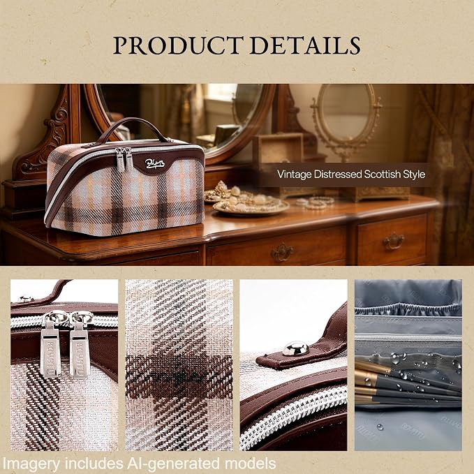 BOYATU Travel Makeup Bag for Women: Scottish Plaid 3 Pcs Set Cosmetic Organizer Bag - 180° Open Large Spacious Holds 50% More Cosmetics - Waterproof Leather Checkered Toiletry Bag (02-Coffee) - Image 5