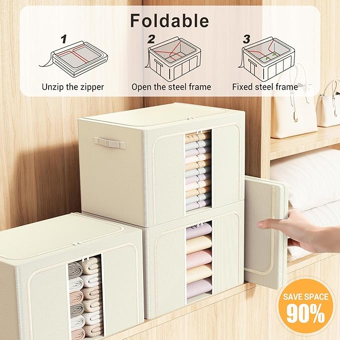 Clothes Storage Bins with Metal Frame, Foldable Clothes Organizers Storage Containers for Clothes, Sheets, Blankets, Pillows and Towels (24L, 3 Pack) Beige - Image 4
