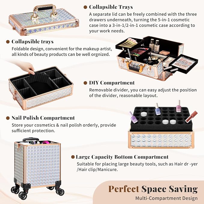 AROUS 5 in 1 Rolling Makeup Train Case with Lid Cosmetology Case on Wheels | Large Cosmetic Trolley Organizer with Keys Salon Barber Case Traveling Cart Trunk for Artist Hairstylists Nail Tech,White - Image 3