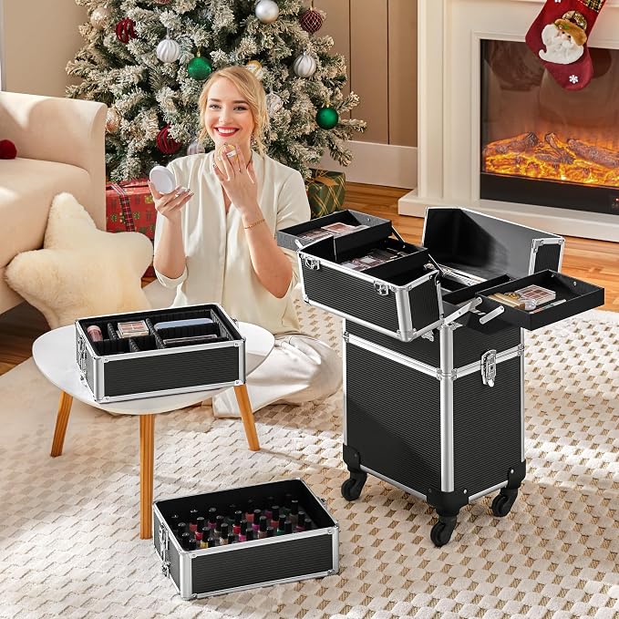 Yaheetech 5 in 1 Rolling Makeup Train Case, Lockable Black Cosmetology Cart | Extra large aluminum-trimmed nail storage cart with detachable tiers, a lipstick organizer, shoulder strap and smooth wheels - Image 2