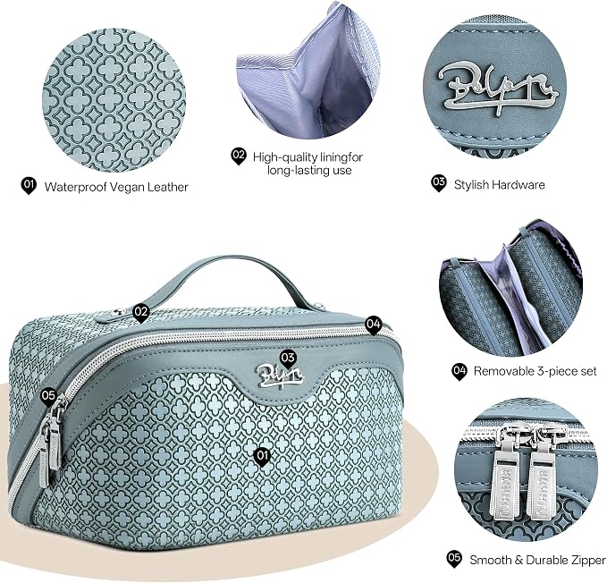 BOYATU Travel Makeup Bag for Women: Four Leaf Clover Large Capacity 3 Pcs Set Cosmetic Bags - Waterproof 50% Extra Space for Toiletry Organizer - Travel Essentials for Fortunate (04 Light Blue) - Image 3