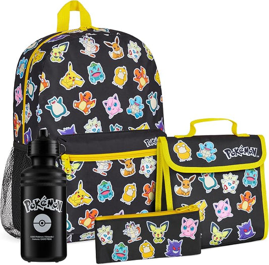 Pokemon Backpack Set 4 Pcs for Kids with Backpack Water Bottle Pencil Case Lunch Bag or Wallet Anime School Supplies Gifts (Black/Multi) by Pok%C3%A9mon