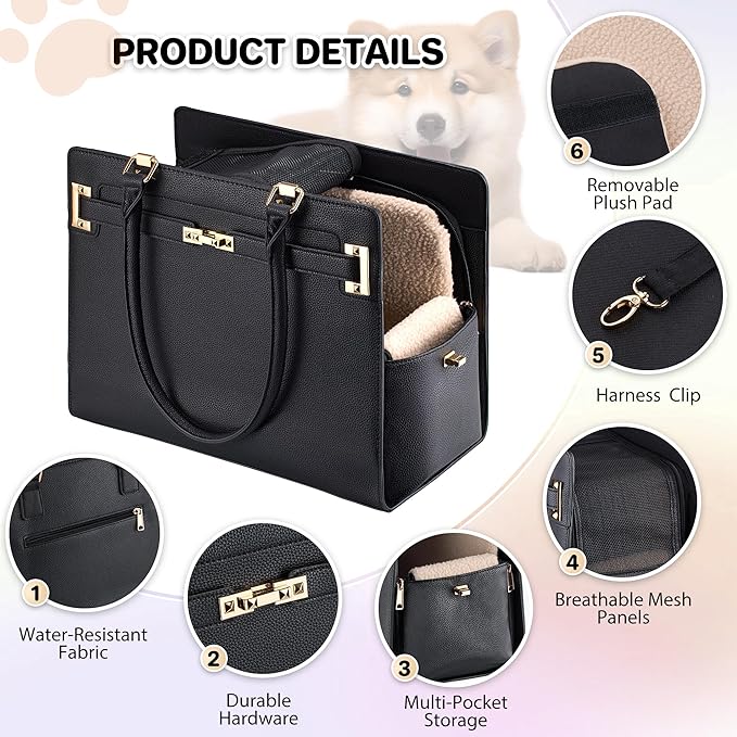 Dog Purse Carrier for Small Dogs, Stylish Foldable Pet Carrier Purse Tote Bag with Washable Cushion & Safety Leash, Airline Approved Puppy Travel Bag with Pockets (Black) - Image 4