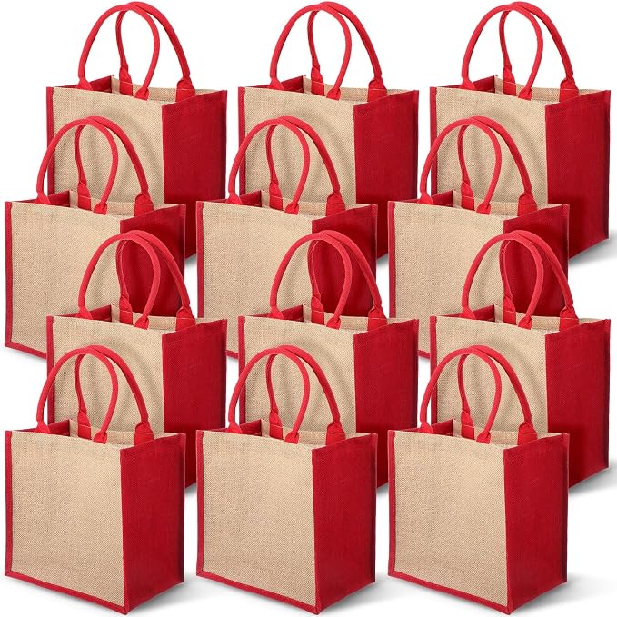 Saintrygo 12 Pcs Burlap Jute Tote Bags with Handle Reusable Blank Bridesmaid Gift Bags for Shopping Wedding DIY, 12x12x7.7In(Jute and Red) by Saintrygo