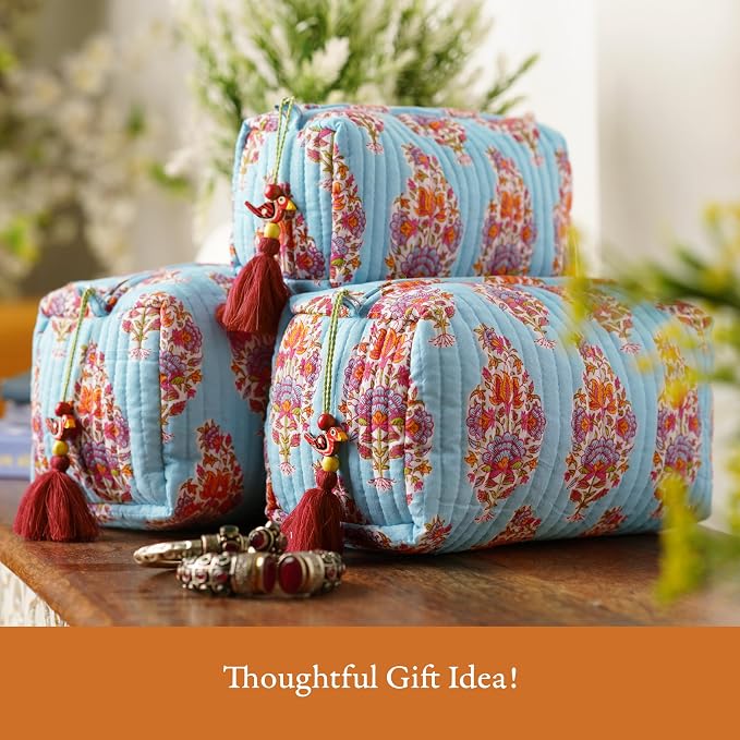 Saffron Marigold Quilted Makeup Bag Set of 3, Hand Block Printed Cotton Cosmetic Bags for Women, Waterproof Lined Travel Toiletry Bag, Coquette Aesthetic, Handmade Gift, Kashmir - Image 7