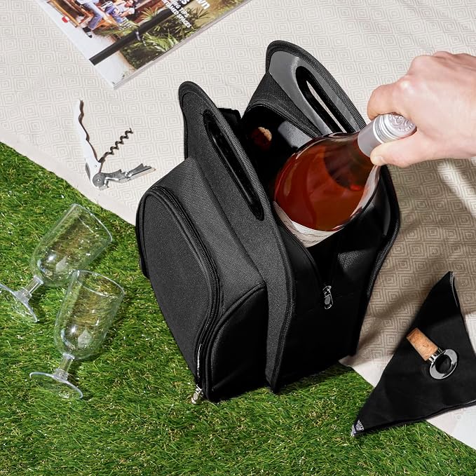 True Metro Insulated Wine Tote with Pockets, Wine Bottle Carrier and Picnic accessory set, wine glasses set of 2, Napkins, Corkscrew, and Bottle stopper, Black, Set of 1 - Image 7
