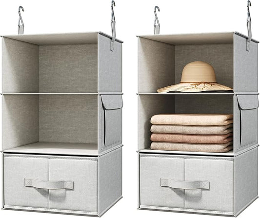 Vailando 3-Shelf Hanging Closet Organizer, Set of 2 Hanging Shelves with 2 Drawers for Wardrobe, Nursery, Baby Clothes Storage and Organization, Silver Gray by Vailando