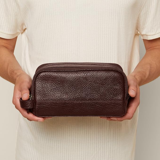 Leatherology Premium Espresso Leather Toiletry Bag – Small Double Zip Dopp Kit – Full Grain Leather Travel Organizer with Water-Resistant Lining – Compact Grooming Bag for Men or Women - Image 2