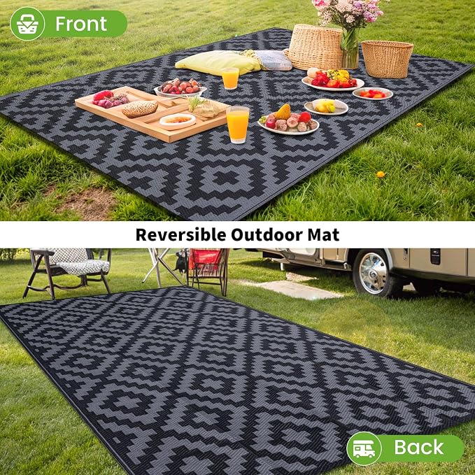 Smiry Waterproof Outdoor Rug 10X14 ft, Reversible Plastic Straw Patio Camping Rugs, Outdoor Indoor RV Mat Carpet for Patio, Outside Entry, Backyard, Deck, Bench, Picnic, Camper, Black & Grey - Image 6