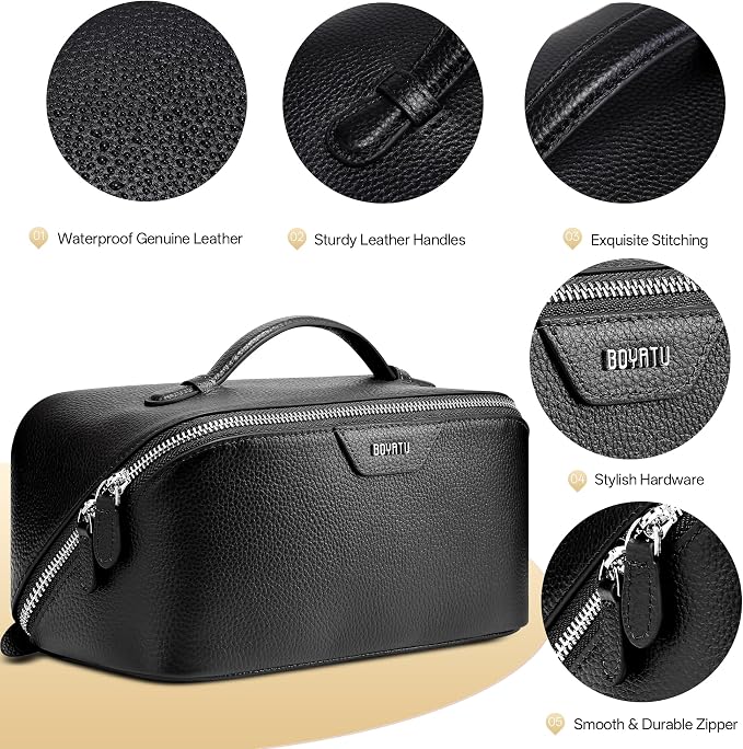 BOYATU Genuine Leather Travel Makeup Bag: Large Capacity 3 Pcs Set Cosmetic Bags for Women - Designer Waterproof Hand-made for Toiletry Organizer - Ladies Travel Essentials for Elegance (02Black) - Image 4