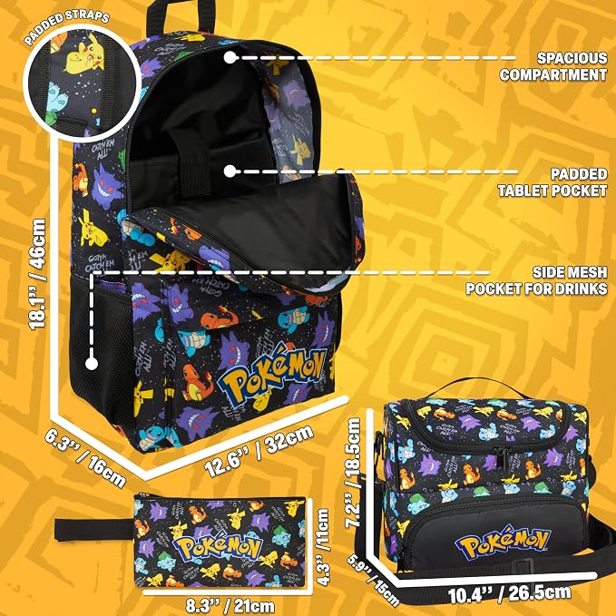 Get Trend Pokemon Boys Backpack, Lunch Bag & Pencil Case, 3 Piece Set | 18 inch Bookbag, Adjustable Padded Straps, Insulated Lunch Bag, Pencil Pouch, School Supplies, Pikachu Gamer Gifts for Boys - Image 3