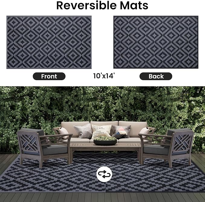 Smiry Waterproof Outdoor Rug 10X14 ft, Reversible Plastic Straw Patio Camping Rugs, Outdoor Indoor RV Mat Carpet for Patio, Outside Entry, Backyard, Deck, Bench, Picnic, Camper, Black & Grey - Image 3